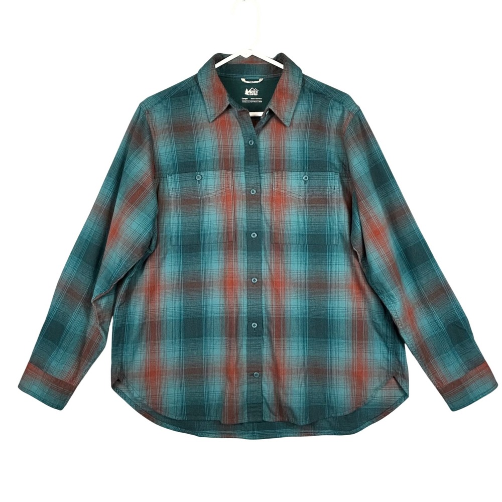 REI Co-op Womens Large Flannel Shirt Plaid Teal Rust Cotton Button Down 250155